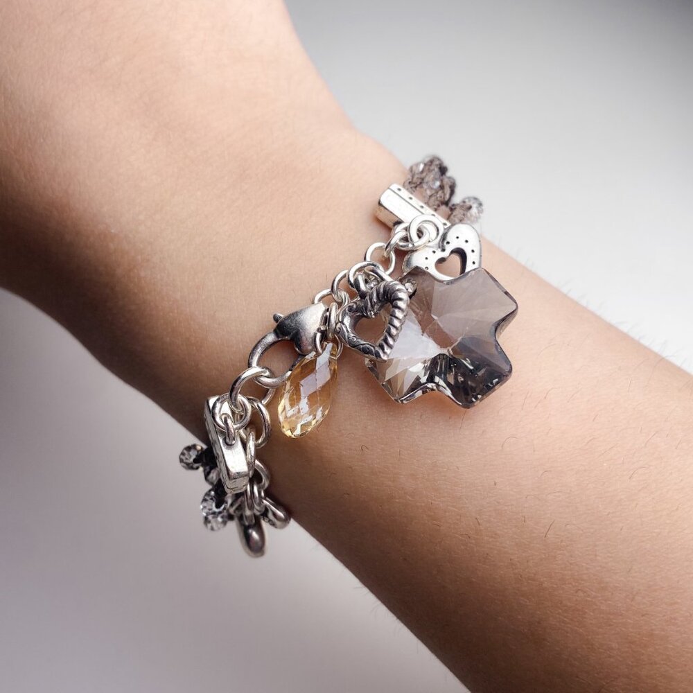 Brighton Karma Bracelet Glass Cross Silver Heart Charm 3 Strand Beaded Cord